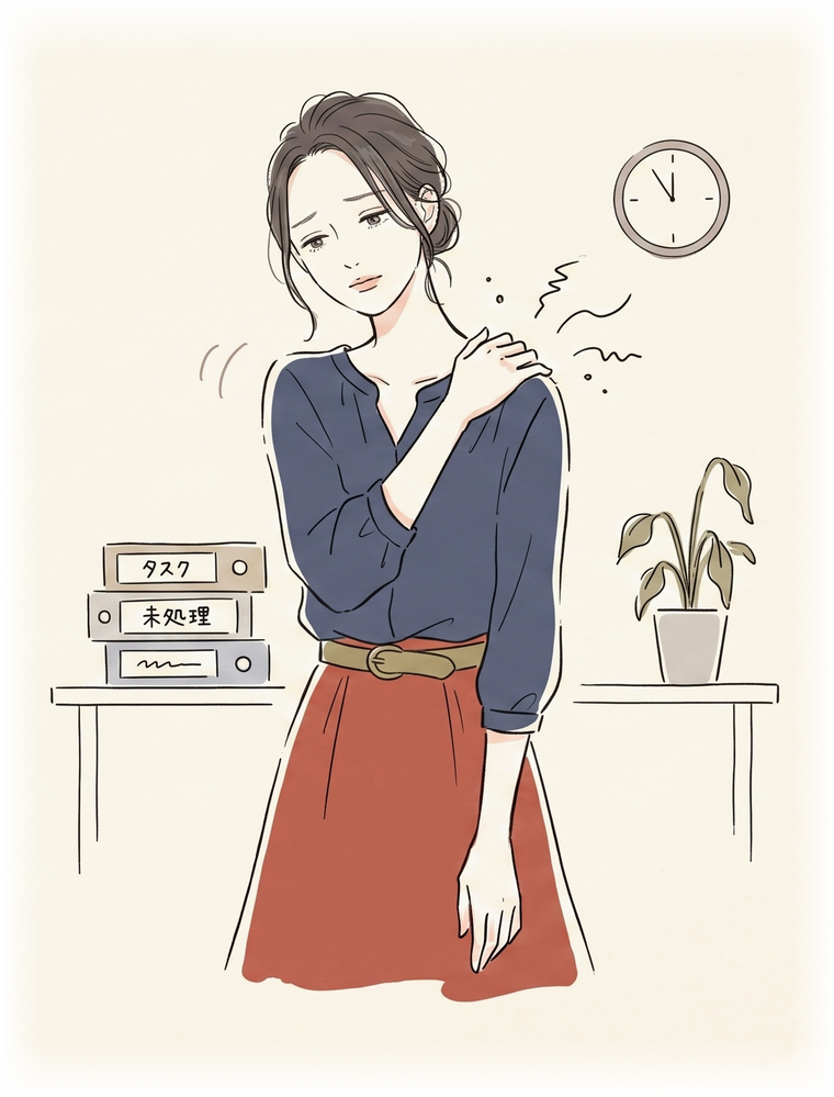 肩のつらさに手をやる女性