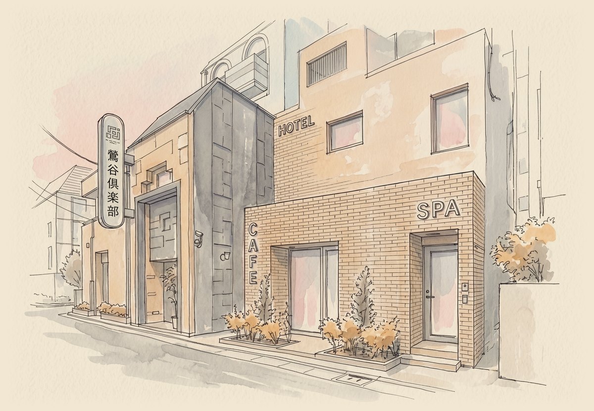 Our building — CAFE on the 1st floor, SPA sign marking our entrance on the 2nd (watercolor)
