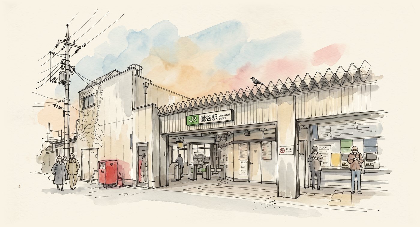 JR鶯谷駅 北口の駅舎（水彩イラスト）