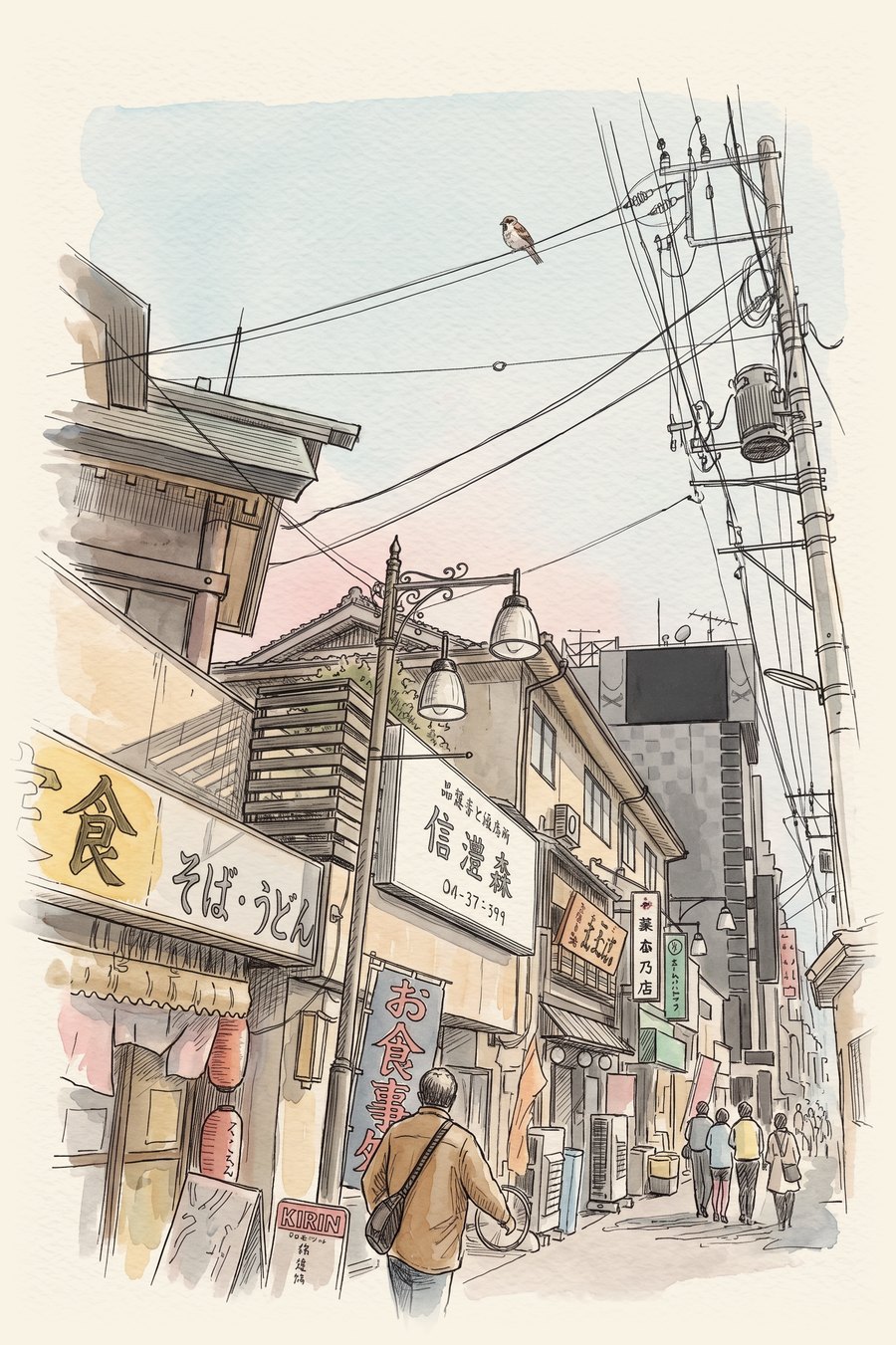 鶯谷駅北口の路地の街並み（水彩イラスト）